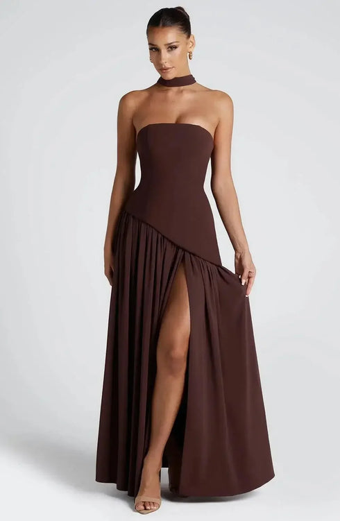 Elegant Solid Pleated Maxi Dress for Women with Sexy Sleeveless Off Shoulder Design and High Slit Party Wear